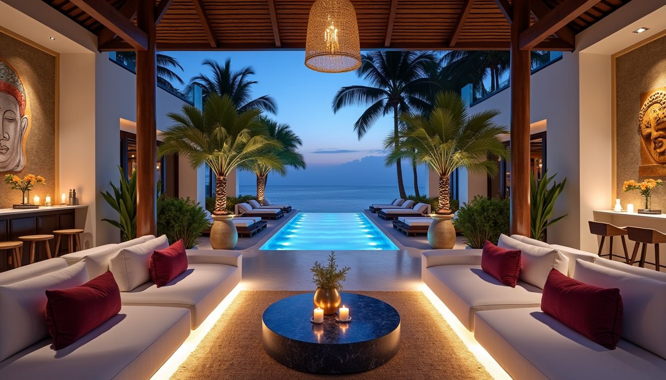 Open-air tropical lounge concept aligned with an illuminated infinity pool