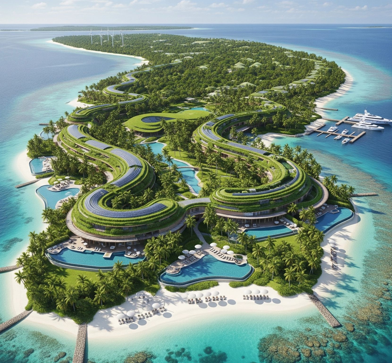 Private-island masterplan concept with planted architecture and marina
