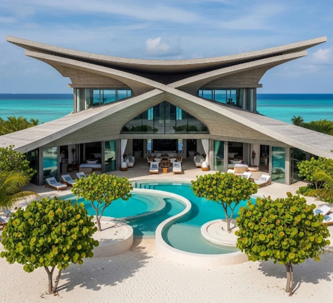 Beach residence concept defined by a dramatic crossed concrete canopy