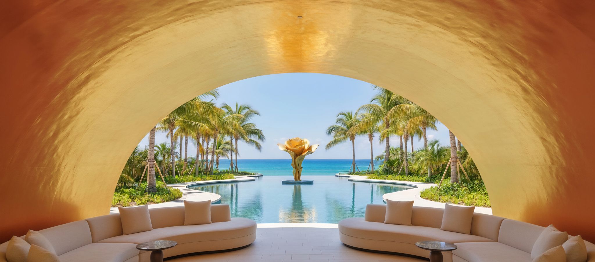 Golden arched interior concept framing a palm-lined pool and the ocean